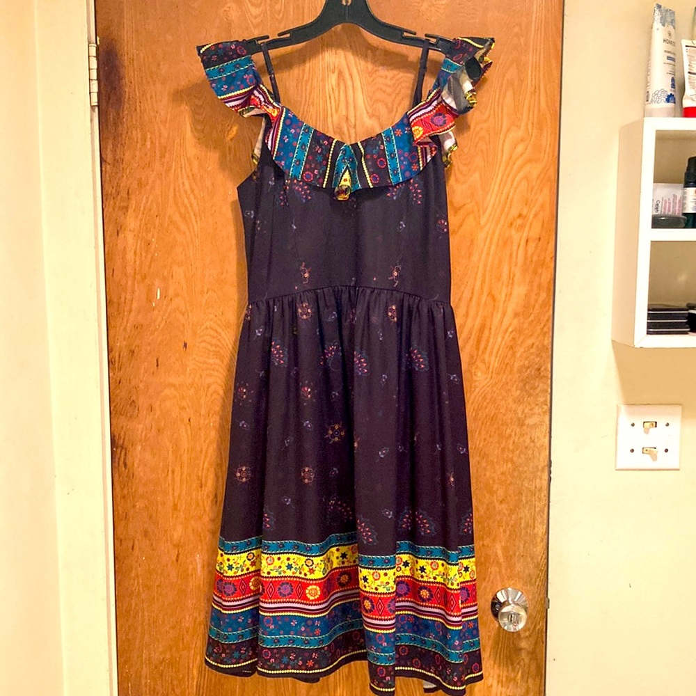 Voodoo Vixen Black Midi Dress with Multicolor Ruffle & Hem